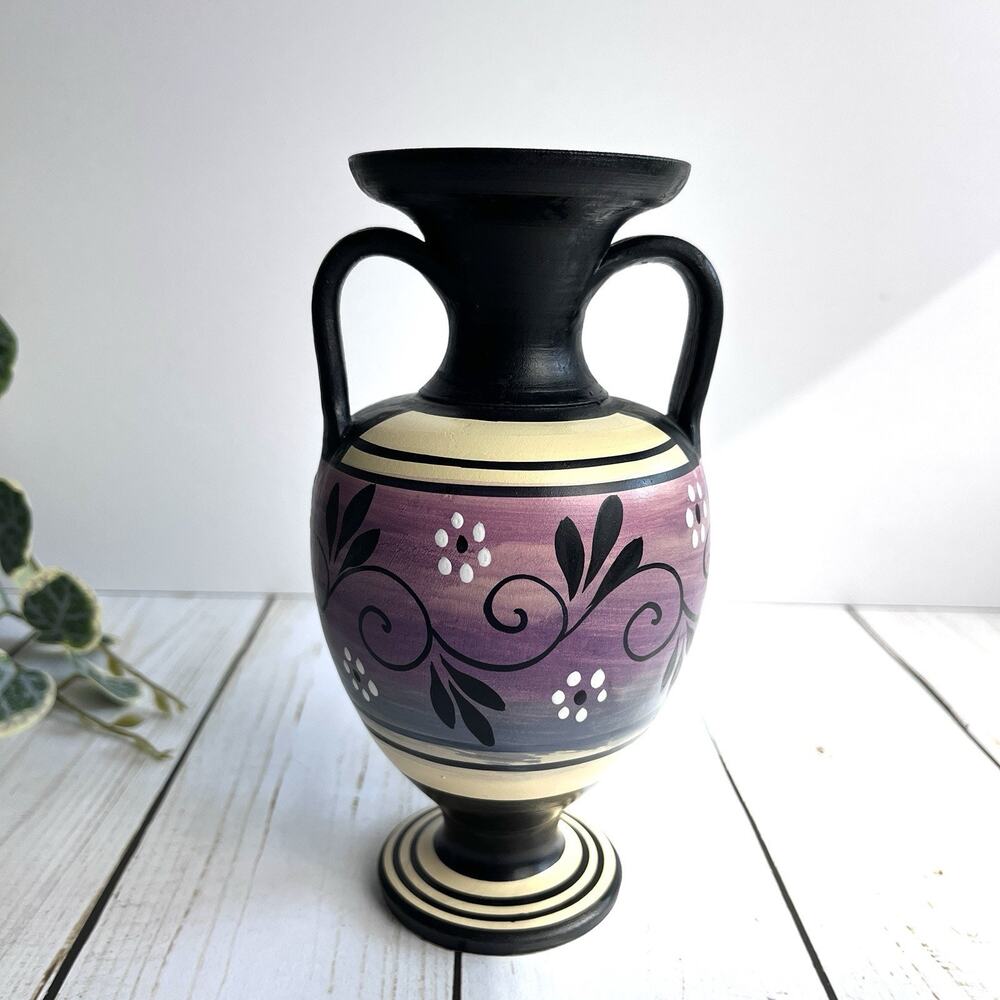 Greek Terra Cotta Pottery Vase Urn 2 Handle Signed Savas Rodos Black Mauve Cream